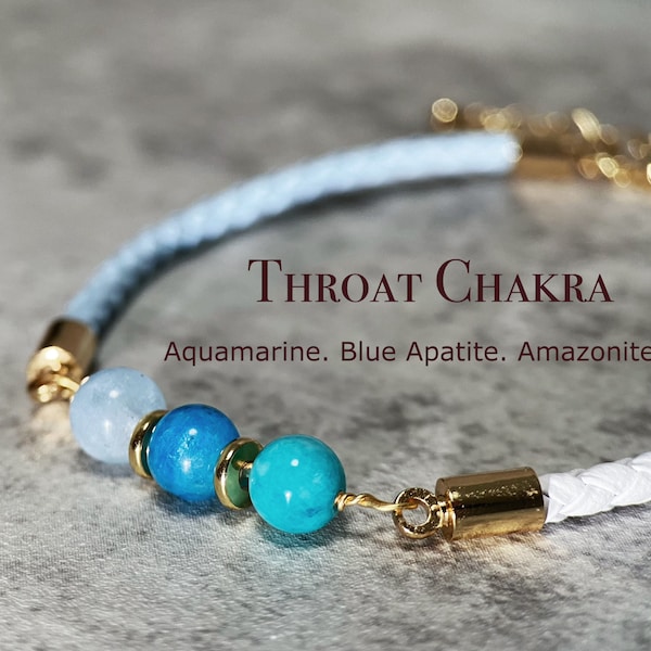 Throat Chakra Bracelet, Energy Bracelet, Aquamarine, Blue Apatite, Amazonite, Leather Cord, Energy Protection Crystal Stone#TCH01