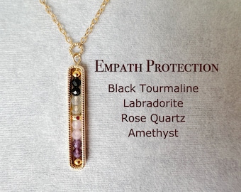 Dainty Empath Protection Necklace, Healing Crystal Protection Pendant, Black Tourmaline, Rose Quartz, Amethyst, Labradorite,  Energy Protect