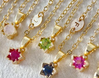 Custom Initial Birthstone Necklace With Star Pendant, Genuine Real Gemstone, Personalized Name Birthday Gift For Celestial Lover