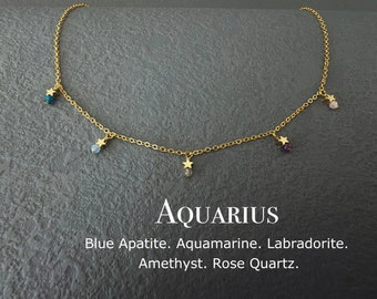Dainty Aquarius Crystal Necklace, Zodiac Star Choker, Birthday Gift For Her, Blue Apatite, Aquamarine, Amethyst, Labradorite, Rose Quartz
