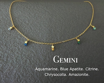 Dainty Gemini Crystal Necklace, Zodiac Star Choker, 3mm Gemstone Birthday Gift For Her,Aquamarine-Blue Apatite-Citrine-Chrysocolla-Amazonite