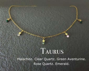 Dainty Taurus Crystal Necklace, Zodiac Star Choker, Birthday Gift For Her, Malachite, Clear Quartz, Green Aventurine, Rose Quartz, Emerald