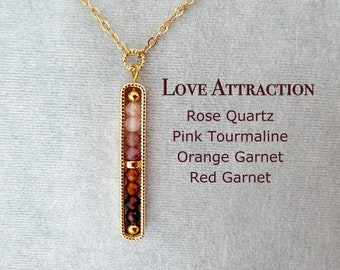 Delicate Love Attraction Themed Necklace, Genuine Crystal, Rose Quartz, Pink Tourmaline, Orange Garnet, Red Garnet, Personal Growth,Manifest