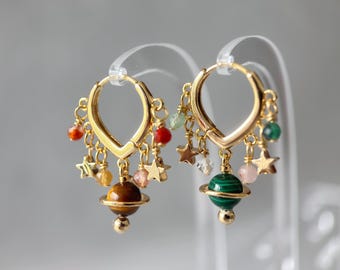Zodiac Huggie Earring, Custom Mix & Match For Big Three with Natural Crystal, Celestial Jewelry