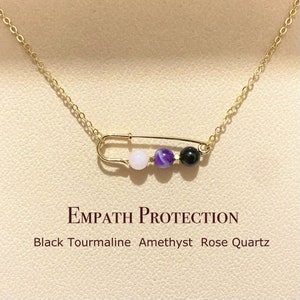 Empath Protection Necklace, Black Tourmaline, Dream Amethyst, Rose Quartz, Handmade Dainty Genuine Safety Pin, Crystal Necklace