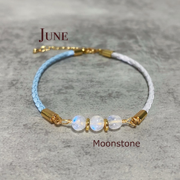 Moonstone Bracelet, June Birthstone, Braided Leather Cord, Rainbow Moonstone Crystal Beads, Birthday Gifts For Women, Delicate Jewelry#Jun02