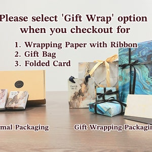 May include: A comparison of two packaging options for a product. The first option is a simple cardboard box. The second option includes a gift bag, wrapping paper with a ribbon, and a folded card. The text on the image reads: "Please select 'Gift Wrap' option when you checkout for 1. Wrapping Paper with Ribbon 2. Gift Bag 3. Folded Card"