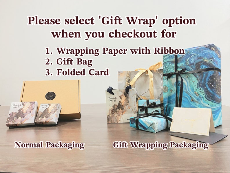 May include: A comparison of two packaging options for a product. The first option is a simple cardboard box. The second option includes a gift bag, wrapping paper with a ribbon, and a folded card. The text on the image reads: "Please select 'Gift Wrap' option when you checkout for 1. Wrapping Paper with Ribbon 2. Gift Bag 3. Folded Card"