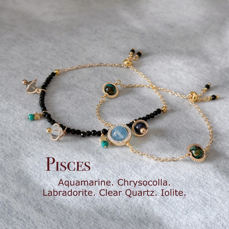 Pisces Planet Bracelet, Zodiac Stacking Bracelet Set, Saturn Charms, Aquamarine, Chrysocolla, Labradorite, Clear Quartz, Iolite,Mother's Day