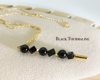 Geometric Black Tourmaline Necklace, Natural Crystal, Manifestation and Protection, Elegant Bridesmaid Jewelry, Gift for Women-GTN01