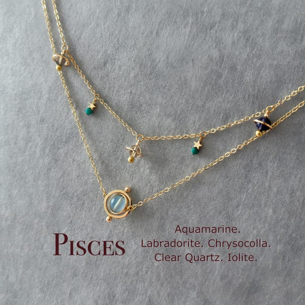 Pisces Planet necklace, Saturn Crystal Charm Choker, Zodiac Layered Necklace Set, Labradorite, Clear Quartz, Aquamarine, Iolite, Chrysocolla
