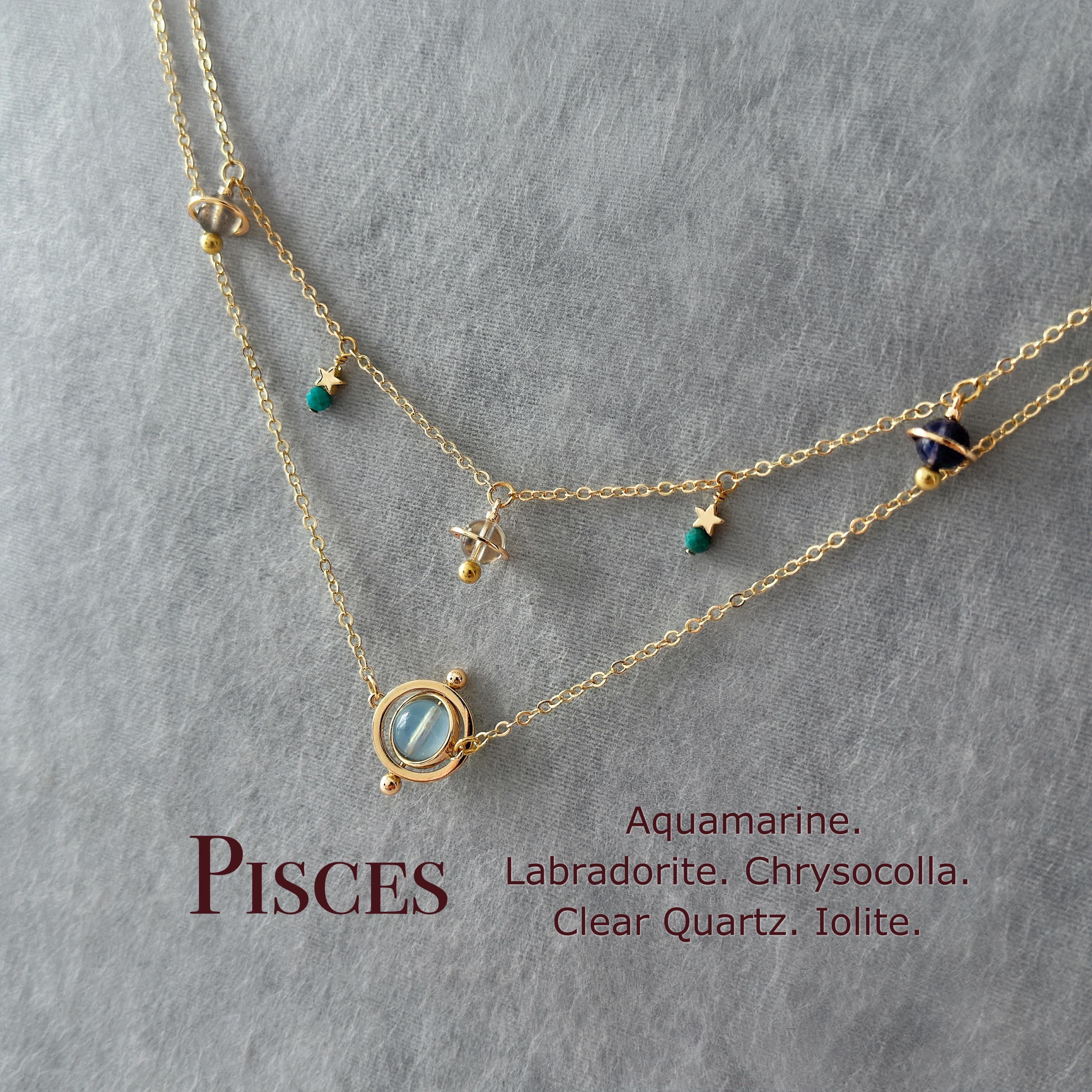 Pisces Planet necklace, Saturn Crystal Charm Choker, Zodiac Layered Necklace Set, Labradorite, Clear Quartz, Aquamarine, Iolite, Chrysocolla