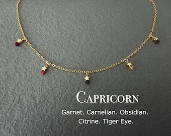 Dainty Capricorn Crystal Necklace, Zodiac Star Choker, 3mm Gemstone Birthday Gift For Her, Garnet, Carnelian, Obsidin, Citrine, Tiger Eye