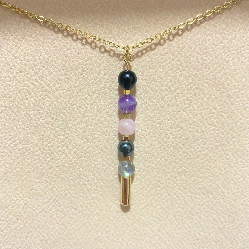 Minimalist Empath Protection Necklace, Dainty Pin With 6mm Healing Crystal Beads, Spiritual Gift For Her image 2