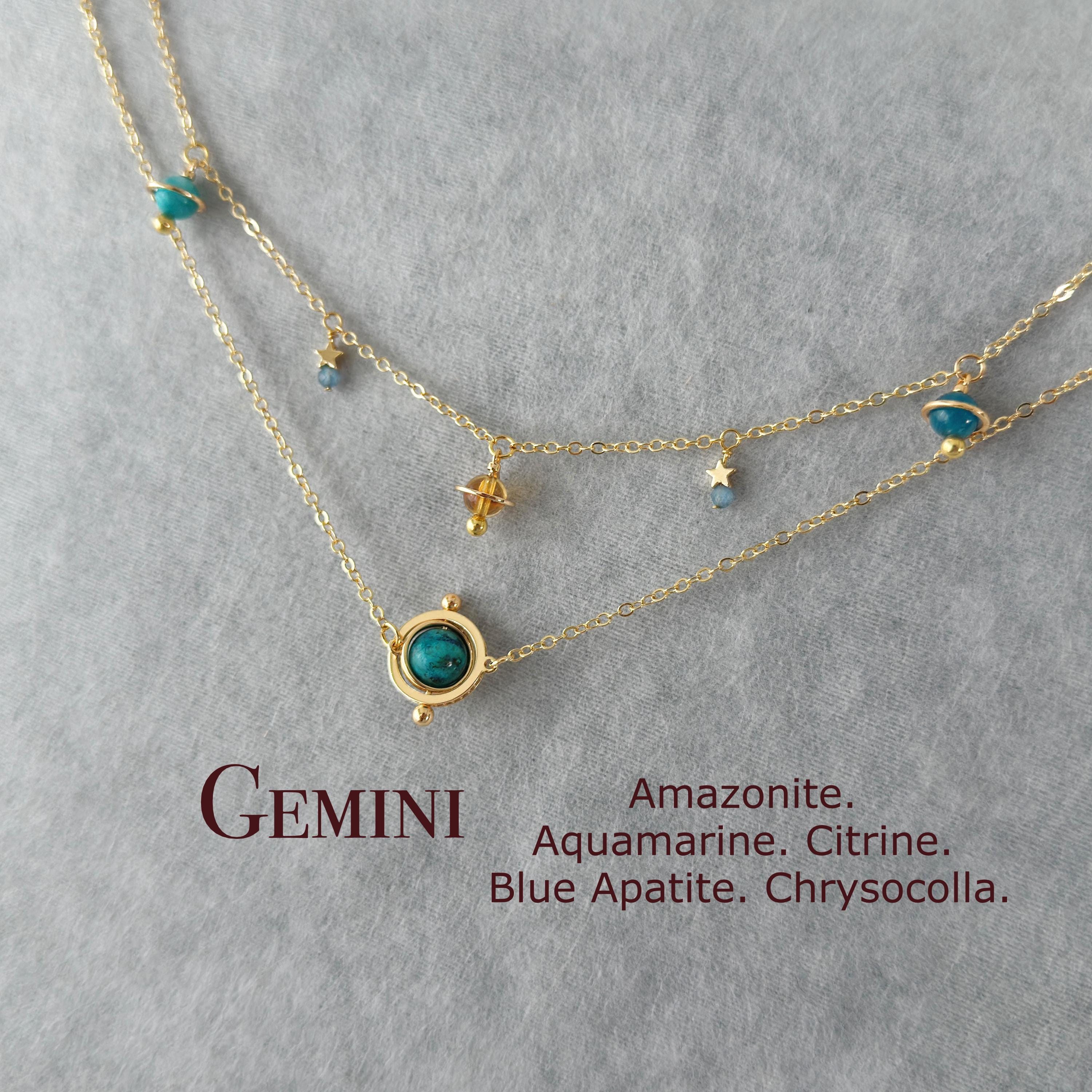 Gemini Planet necklace, Zodiac Layered Necklace Set, Saturn Crystal Charm Choker, Amazonite, Citrine, Aquamarine, Blue Apatite, Chrysocolla