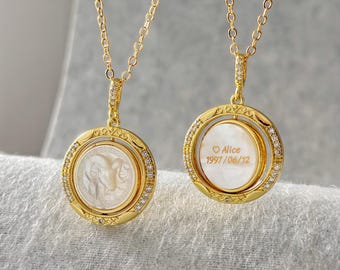 Rotating Zodiac Sign Necklace Mother of Pearl Custom Engraved Initial Date Birthday Gift