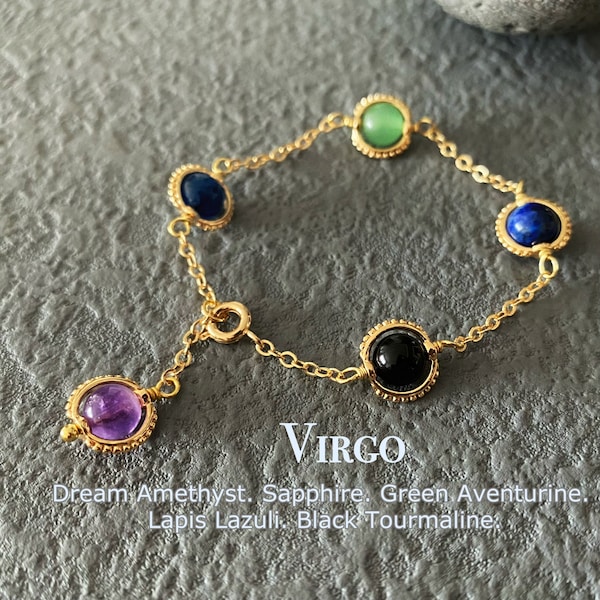 Virgo Crystal Bracelet, Handmade Zodiac Gemstones, Amethyst,Sapphire,Green Aventurine,Lapis Lazuli,Black Tourmaline, Astrology Sign Jewelry