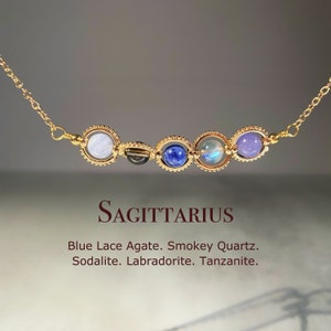Ręcznie robiony naszyjnik z kryształu Strzelca, choker zodiakalny, agat z niebieskiej koronki, kwarc dymny, sodalit, labradoryt, tanzanit, naturalny znak astrologiczny
