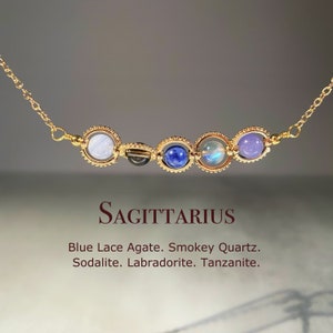 Handmade Sagittarius Crystal Necklace, Zodiac Choker, Blue Lace Agate, Smoky Quartz, Sodalite, Labradorite,Tanzanite, Natural Astrology Sign