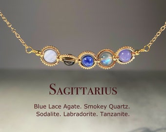 Collier fait main en cristal du Sagittaire, tour de cou du zodiaque, agate dentelle bleue, quartz fumé, sodalite, labradorite, tanzanite, signe astrologique naturel