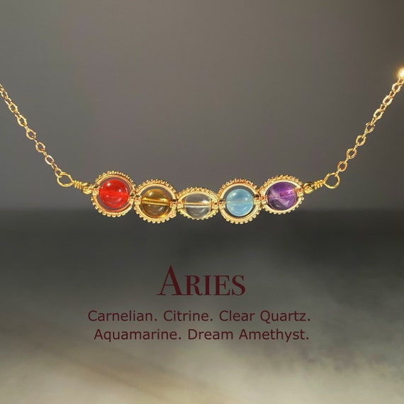 Handmade Aries Crystal Necklace, Zodiac Choker, Carnelian, Citrine, Clear Quartz, Aquamarine, Amethyst, Natural Astrology Sign Jewelry Gift