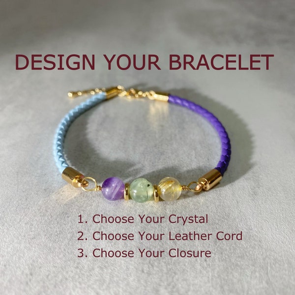 Personalized Crystal Bracelets, Custom Leather Cord Colors And Gemstone Beads, Handmade Customized Gifts For Woman, Couple Bracelet #CN05