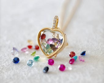 Custom Birthstone Locket Pendant With Real Gemstone, Gold Big Family Necklace Up To 15 Crystals