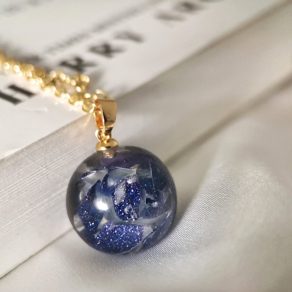 Starry Night Sky- Blue Goldstone gemstone chips in sphere pendant necklace, navy blue necklace,18K gold filled adjustable chain, orb pendant