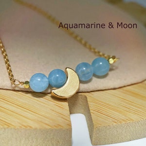 Aquamarine & Moon Necklace, Grade A 6mm Aquamarine Beads, Crystal Birthday Gift For Her, Wedding Anniversary, Yoga Meditation #AQ02