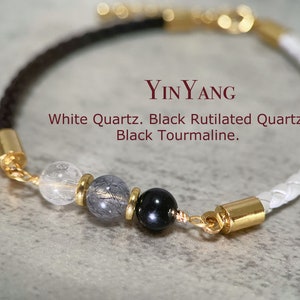 Yin Yang Bracelet, Balance Crystal Beads, Clear Quartz, Black Rutilated Quartz, Black Tourmaline, Braided Leather Cord, Spiritual, Yoga#YY01