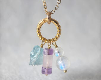 Fertility Crystal Necklace, Raw Aquamarine,  Rose Quartz, Moonstone, Pregnancy Gift