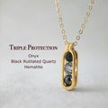 Minimalist Triple Protection Necklace,Onyx, Black Rutilated Quartz, Hematite, Naturual Grounding Crystal Pendant, Meditation Gift for her