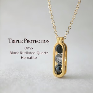 Minimalist Triple Protection Necklace,Onyx, Black Rutilated Quartz, Hematite, Naturual Grounding Crystal Pendant, Meditation Gift for her