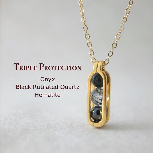 Minimalist Triple Protection Necklace,Onyx, Black Rutilated Quartz, Hematite, Naturual Grounding Crystal Pendant, Meditation Gift for her