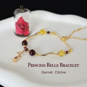 Bracelet inspiré de la princesse Belle, La Belle et la bête, cristal naturel, grenat, citine, cadeau d'anniversaire pour fille, bijoux de demoiselle d'honneur élégants