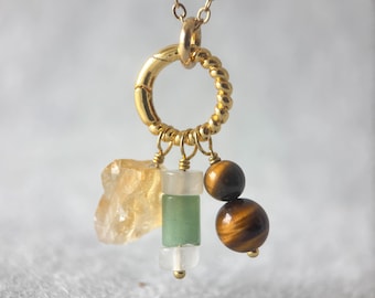 Abundance Crystal Necklace Raw Citrine Green Aventurine, Openable Ring Holder Gemstone Jewelry
