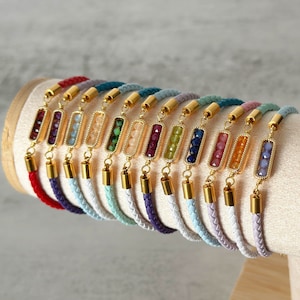 Custom Birthstone Bracelet, Birthday Gift For Her, Braided Leather Cord, Natural Crystal Beads, Colorful Jewelry,Christmas Gift For Women