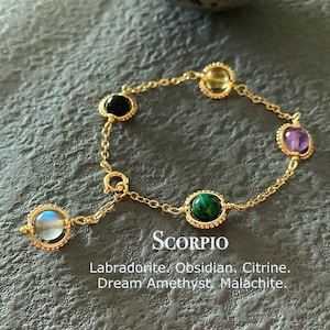 Handmade Scorpio Crystal Bracelet, Zodiac Gemstones, Labradorite, Obsidian, Citrine, Amethyst, Malachite,Natural Astrology Sign Jewelry Gift