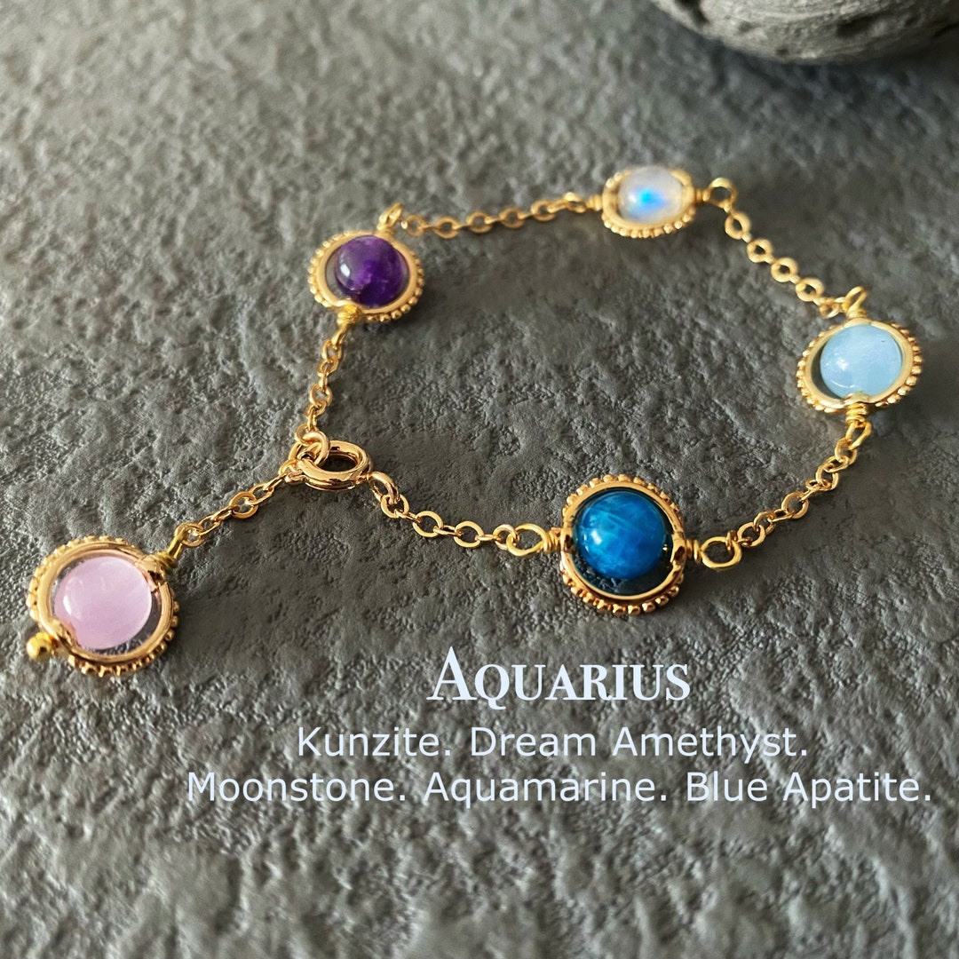 Aquarius Crystal Bracelet, Handmade Zodiac Gemstones, Kunzite, Amethyst