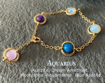 Aquarius Crystal Bracelet, Handmade Zodiac Gemstones, Kunzite