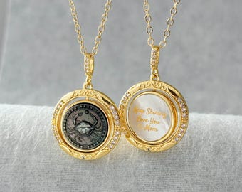 Black Mother of Pearl Zodiac Necklace, Rotating Star Sign, Personalized Astrology Engraved Gift