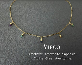 Dainty Virgo Crystal Necklace, Zodiac Star Choker, 3mm Gemstone Birthday Gift For Her, Amethyst, Aquamarine, Citrine,Clear Quartz.Carnelian