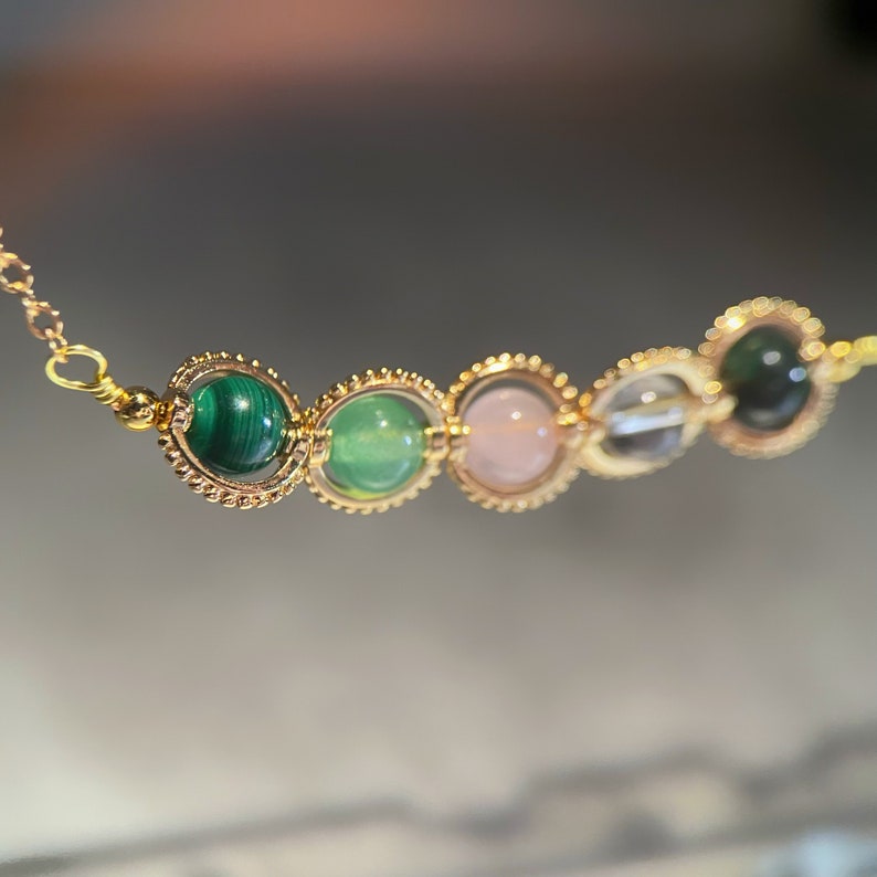 Taurus Crystal Necklace, Handmade Zodiac Necklace, Emerald, Green Aventurine, Clear Quartz, Rose Quartz, Malachite, Natural Astrology Gift image 3