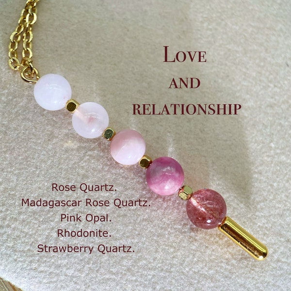 Collier amour et connexion, quartz rose, rhodonite, opale rose, quartz fraise, épingle délicate avec perles de cristal de génie, nouveau mariage