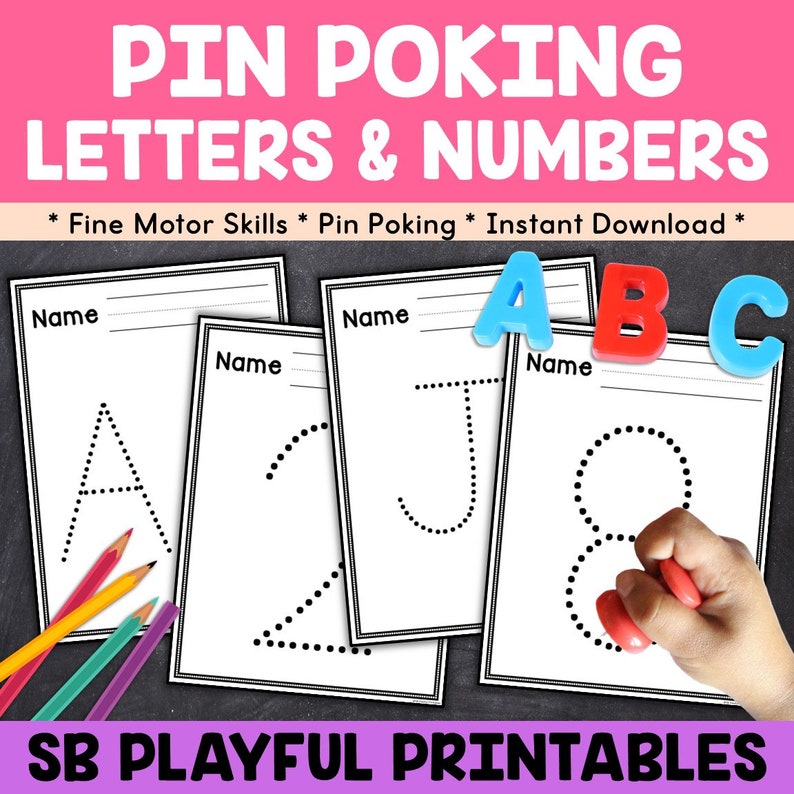 Image of Pin Poking worksheets for kids with letters and numbers.