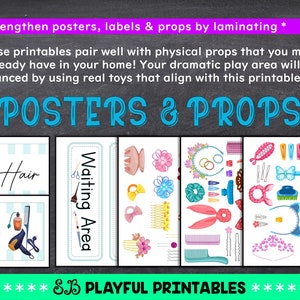 May include: Printable posters and props for a pretend hair salon play area. The posters include the words "Hair" and "Salon" with illustrations of hair styling tools. The props include a variety of hair accessories, such as headbands, barrettes, and hair ties.