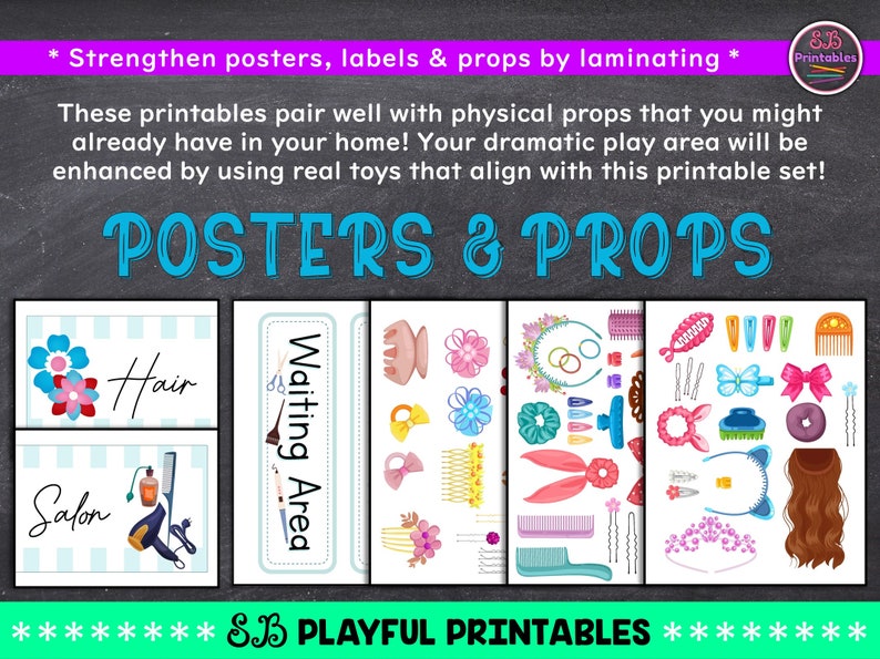 May include: Printable posters and props for a pretend hair salon play area. The posters include the words "Hair" and "Salon" with illustrations of hair styling tools. The props include a variety of hair accessories, such as headbands, barrettes, and hair ties.