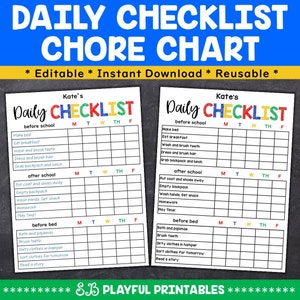 Printable and Editable Daily Checklist for Kids, Chore Chart for Kids, Before School After School Tasks, Daily Good Habits for Kids