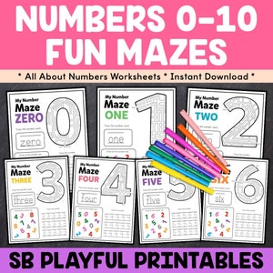 May include: A set of ten printable number mazes for kids. Each maze features a number from zero to nine. The mazes are designed to help children learn to trace numbers and practice their fine motor skills. The printable worksheets are perfect for preschool and kindergarten students.