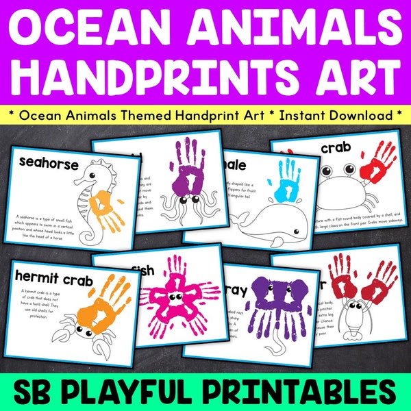 Ocean Animals Handprint Art for Kids, Ocean themed Printable Art Activity, DIY Printable Keepsake Art, Summer Printable Activity for Kids